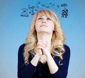 Closeup portrait of sad, funny looking young woman, praying, dreaming, thinking, wishing, hoping, asking, begs for best in life isolated blue background. Emotion, facial expression, feelings, attitude.jpeg